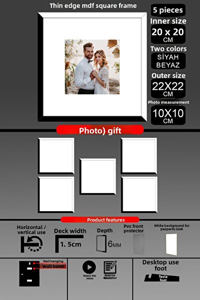 Bytwo 5Pcs 20X20 Frame - Thin Slatted Frame - 2 Colors Black White - Square Frame Photo Frame