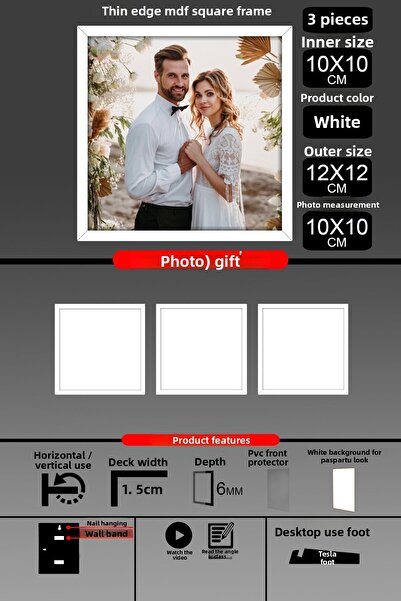 Bytwo 3 bucăți 10X10 Cadru - Cadru cu șipci subțiri - Cadru alb - Cadru pătrat - Ramă foto