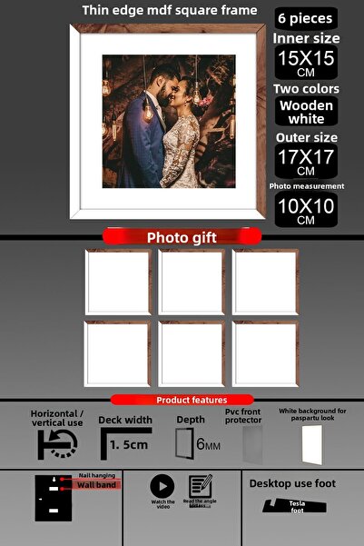 bymat 6 Pieces 15X15 Frame - Thin Slatted Frame - 2 Colors White Wood - Square Frame Photo Frame