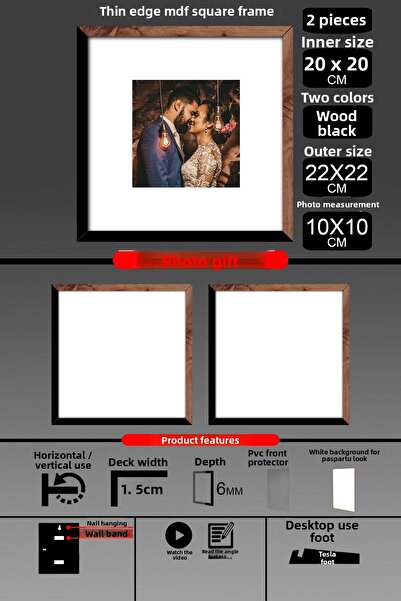 Bytwo 2Pcs 20X20 Frame - Thin Slatted Frame - 2 Colors Wood Black - Square Frame Photo Frame