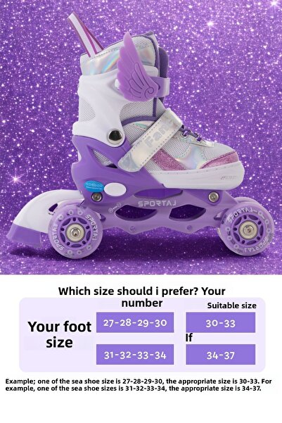 Sportaj Angel Wings Lighted Children's Skates and Knee Pads Set Silicone Wheel Adjustable Skates with Bag Lilac
