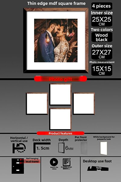 bymat 4 bucăți 25x25 rame - rame cu lamele subțiri - 2 culori lemn negru - rame pătrate rame foto