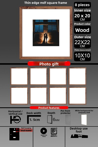 yhfoto 8 bucăți 20x20 cadru - cadru cu lamele subțiri - cadru din lemn - cadru pătrat - rama foto