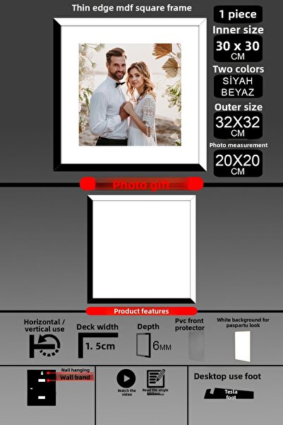 yhfoto 1 Buc 30x30 Cadru - Cadru cu șipci subțiri - 2 Culori Negru Alb - Cadru Fotografie Cadru pătrat