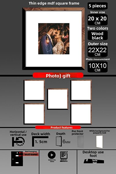 bymat 5 bucăți 20x20 cadru - cadru cu șipci subțiri - 2 culori lemn negru - cadru pătrat rame foto
