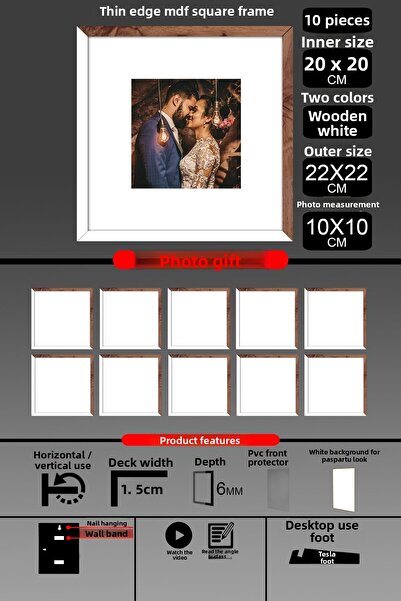 Bytwo 10 Pieces 20X20 Frame - Thin Slatted Frame - 2 Colors White Wood - Square Frame Photo Frame