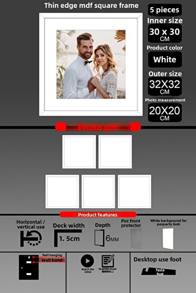 bymat 5 Pieces 30X30 Frame - Thin Slatted Frame - White Frame - Square Frame - Photo Frame