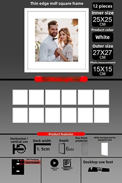 bymat 12 Pieces 25X25 Frame - Fine Slatted Frame - White Frame - Square Frame - Photo Frame