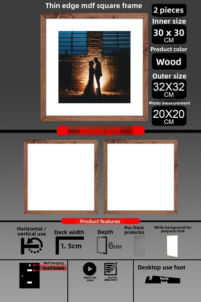 bymat 2 bucăți 30x30 cadru - cadru cu lamele subțiri - cadru din lemn - cadru pătrat - rama foto