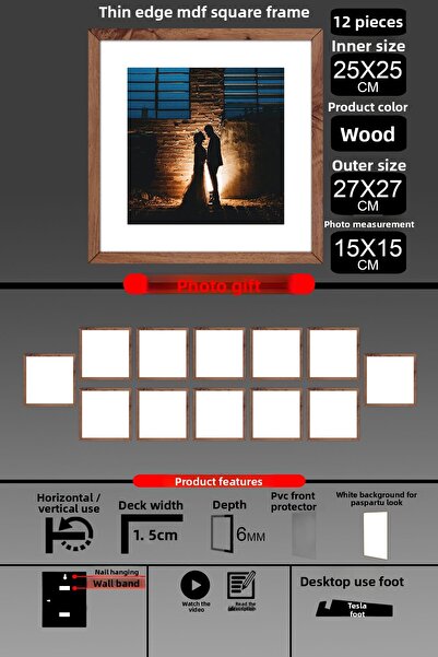 Bytwo 12 bucăți 25x25 cadru - cadru cu șipci subțiri - cadru din lemn - cadru pătrat - rama foto