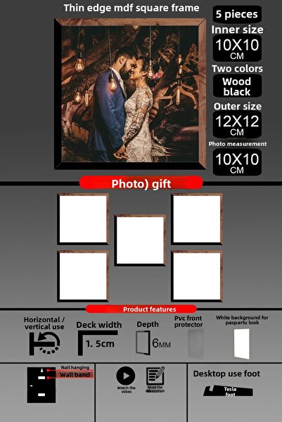 Bytwo 5Pcs 10X10 Frame - Thin Slatted Frame - 2 Colors Wood Black - Square Frame Photo Frame