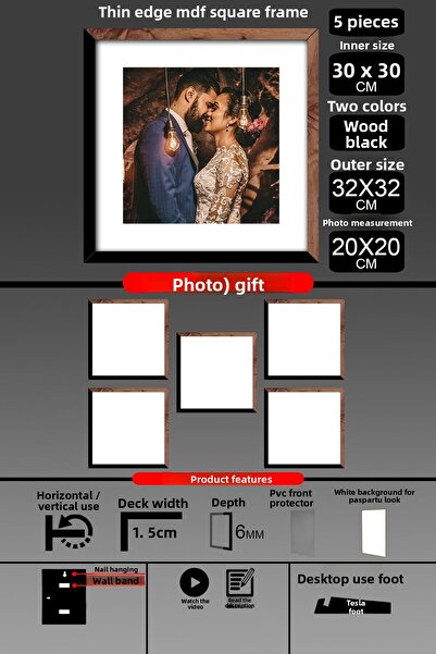 yhfoto 5 bucăți 30x30 cadru - cadru cu șipci subțiri - 2 culori lemn negru - cadru pătrat rame foto
