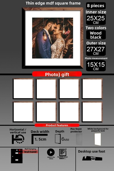 Bytwo 8Pcs 25X25 Frame - Thin Slatted Frame - 2 Colors Wood Black - Square Frame Photo Frame
