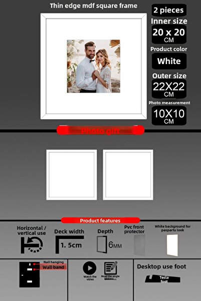 Bytwo 2 Pieces 20X20 Frame - Thin Slatted Frame - White Frame - Square Frame - Photo Frame