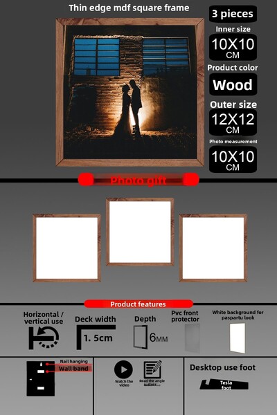 yhfoto 3Pcs 10X10 Frame - Fine Slatted Frame - Wooden Frame - Square Frame - Photo Frame