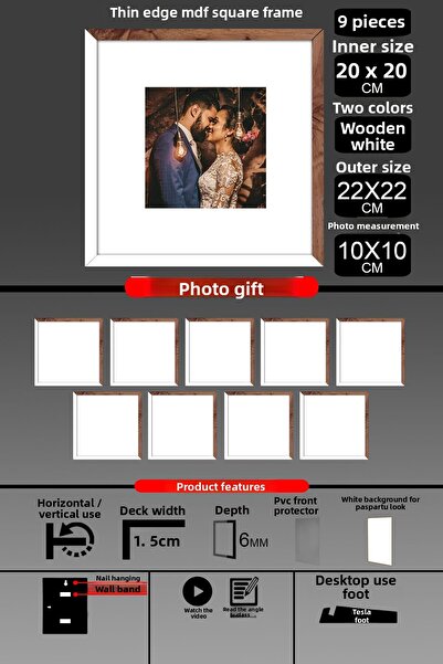 bymat 9 Pieces 20X20 Frame - Thin Slatted Frame - 2 Colors White Wood - Square Frame Photo Frame