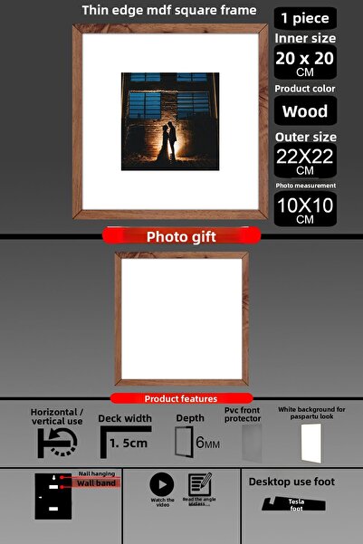 Bytwo 1 Piece 20X20 Frame - Thin Slatted Frame - Wooden Frame - Square Frame - Photo Frame