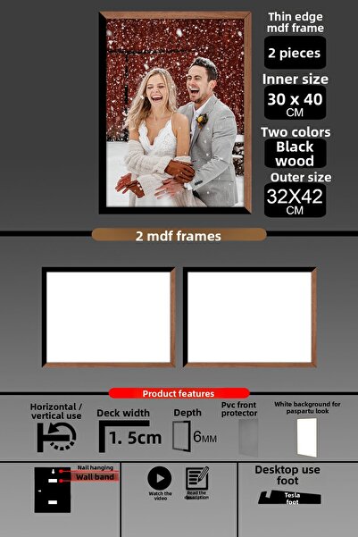 Bytwo 2 bucăți 30x40 rame - rame A3 cu șipci subțiri - 2 culori lemn negru - rame foto 6 mm