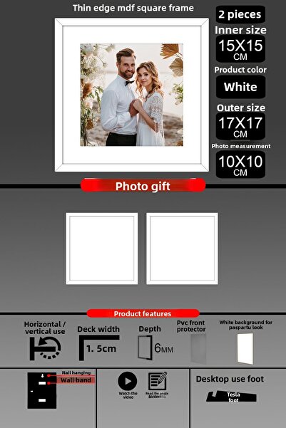 bymat 2 Pieces 15X15 Frame - Thin Slatted Frame - White Frame - Square Frame - Photo Frame