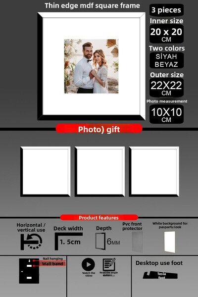 bymat 3Pcs 20X20 Frame - Thin Slatted Frame - 2 Colors Black White - Square Frame Photo Frame