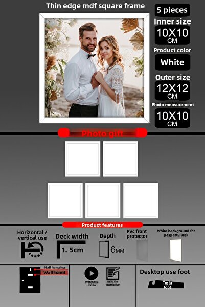 bymat 5Pcs 10X10 Frame - Fine Slatted Frame - White Frame - Square Frame - Photo Frame