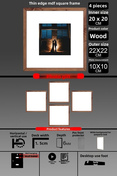 bymat 4 τεμάχια 20x20 κορνίζα - Πλαίσιο με λεπτές πηχτήρες - Ξύλινη κορνίζα - Τετράγωνη κορνίζα - Κορνίζα φωτογραφιών