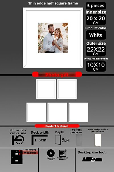 bymat 5 Pieces 20X20 Frame - Thin Slatted Frame - White Frame - Square Frame - Photo Frame
