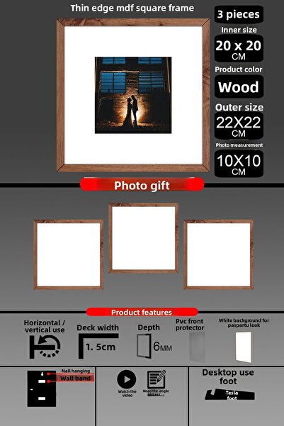 yhfoto 3 Pieces 20X20 Frame - Thin Slatted Frame - Wooden Frame - Square Frame - Photo Frame