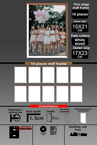 bymat 10 Pieces 15X21 Frame - Thin Slatted A5 Frame - 2 Colors White Wood - 6mm Photo Frame