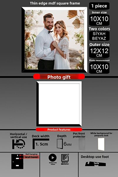 bymat 1 buc. Cadru 10X10 - Cadru cu lamele subțiri - 2 culori Negru Alb - Cadru foto pătrat