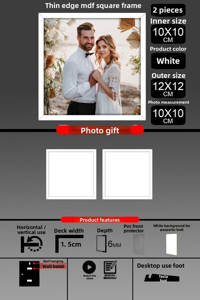 Bytwo 2 bucăți 10X10 Cadru - Cadru cu șipci subțiri - Cadru alb - Cadru pătrat - Ramă foto