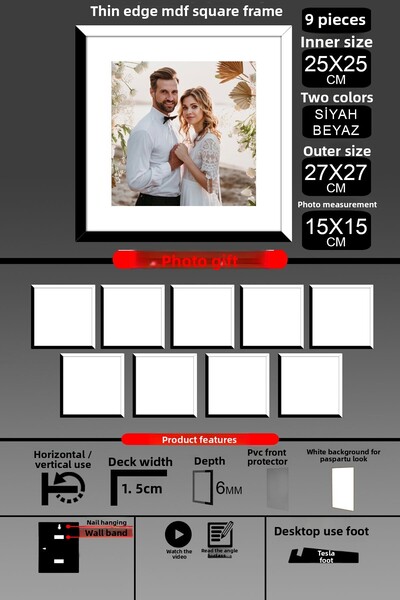 bymat 9Pcs 25X25 Frame - Thin Slatted Frame - 2 Colors Black White - Square Frame Photo Frame