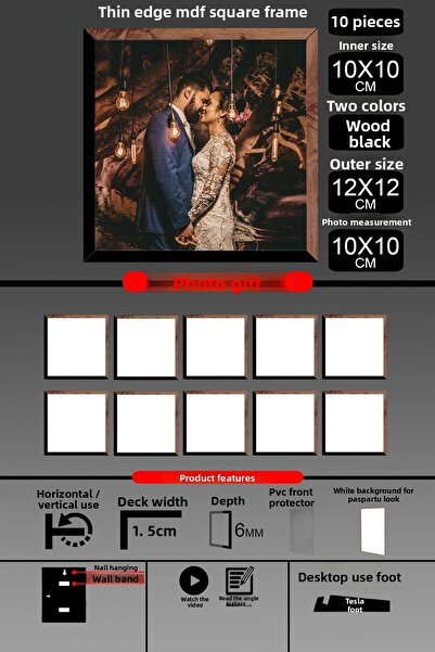 bymat 10 bucăți 10X10 cadru - cadru cu lamele subțiri - 2 culori lemn negru - cadru pătrat rame foto