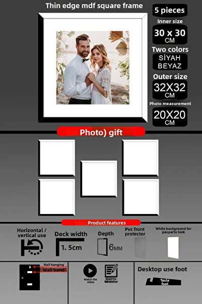 bymat 5Pcs 30X30 Frame - Thin Slatted Frame - 2 Colors Black White - Square Frame Photo Frame