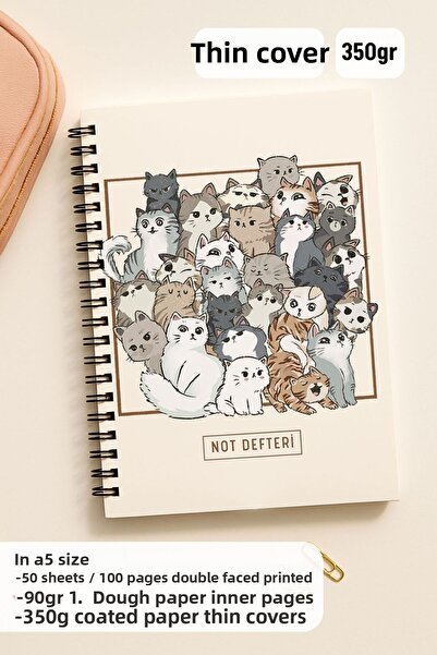 Eldesen Tasarım A5 Spiral Line School Notebook, 50 Sheets 100 Pages, Cardboard Cover Notepad, with Cat