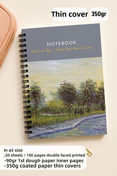Eldesen Tasarım Van Gogh A5 Spiral Line School Notebook, 50 Sheets 100 Pages, Cardboard Cover Notebook, Sunset