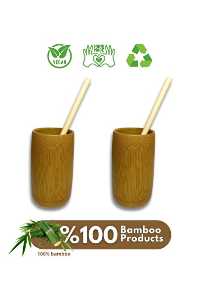 Coconut Products Set of 2 Bamboo Cups, 2 Bamboo Straws and 1 Bamboo Straw Cle...