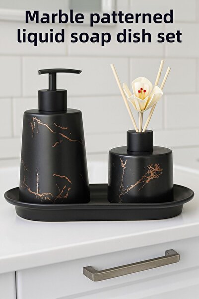 ARVALE Modern Marble Patterned Bathroom Set | Black Gold Detailed Set of 2