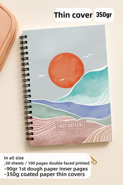 Eldesen Tasarım A5 Spiral Dotted School Notebook, 50 Sheets 100 Pages, Cardboard Cover Notepad, Blue Boholo