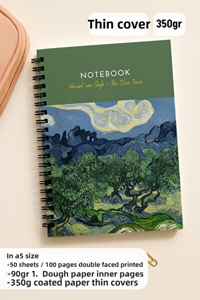 Eldesen Tasarım Van Gogh A5 Spiral Dotted School Notebook, 50 Sheets 100 Pages, Cardboard Cover Notepad, Olive