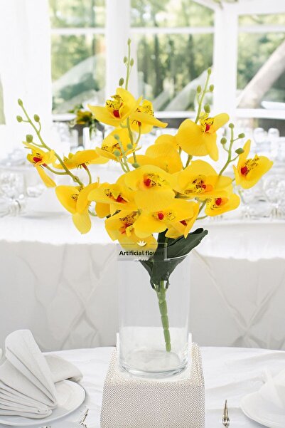 Yapay Çiçek Deposu Orhidee artificială cu 5 ramuri, cu textura umedă, 45 cm, galbenă