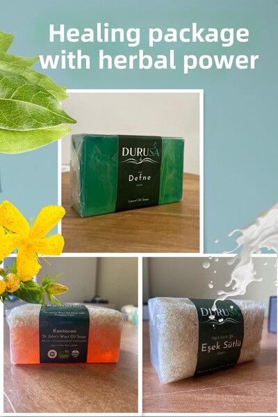 DURUSA مجموعة العلاجات العشبية المكونة من 3 قطع - لبلاب، نبتة سانت جون، ألياف اليقطين |   الصابون الطبيعي المصنوع يدويا