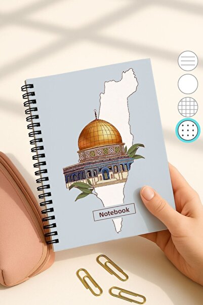 Eldesen Tasarım A5 Spiral Dotted School Notebook, 50 Sheets 100 Pages, Cardboard Cover Notebook, Jerusalem