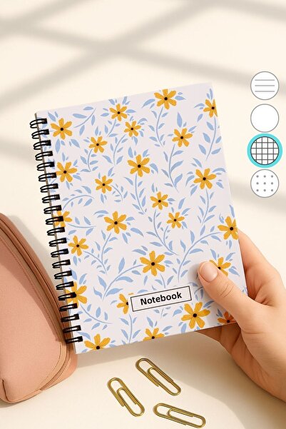 Eldesen Tasarım A5 Spiral Checkered School Notebook, 50 Sheets 100 Pages, Cardboard Cover Notepad, Daisy