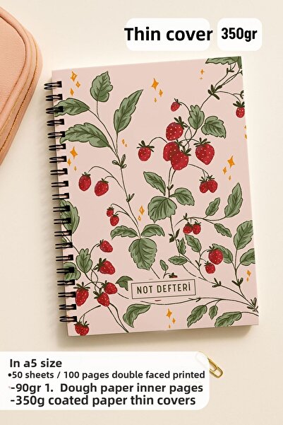 Eldesen Tasarım A5 Spiral Checkered School Notebook, 50 Sheets 100 Pages, Cardboard Cover Notepad, Pink Strawberry