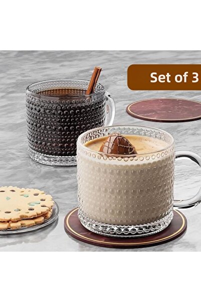 Karçiçeği Home 3-Piece Glass Tea, Coffee and Latte Cup Carnaval Pattern Special Design Luxury Mug Mug Cup 300ml