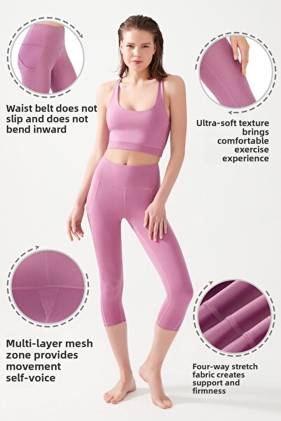 Los Ojos Women's Lavender High Waist Smoothing Double Pocket Below Knee Capri Leggings Capri