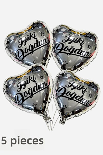Baloncu Nene Silver Happy Birthday Heart Foil Balloon 5 Pieces Helium Compati...