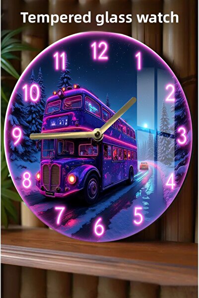 kutuTR Neon Bus Theme Tempered Glass Clock - 33X33 cm Csdw026