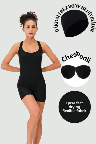 myfirstsea ملابس السباحة النسائية ذات اللون الصلب مع شورت طويل للسباحة على ال...